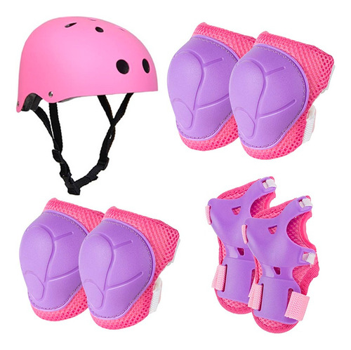 Set Protección Niña Rosado Casco Rodillera Codera Muñequera