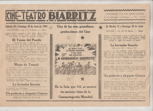 1968 Programa Del Cine Teatro Biarritz 21 De Setiembre Raro