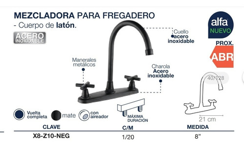 Llave Mezcladora Fregadero O Tarja Cocina Cruzeta Negro Mate
