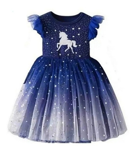 Vestido Unicornio Azul Y Plata, Para Niña Fiestas Cumpleaños