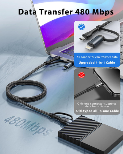 Cable De Carga 4 En 1 Adaptador Usb C Iluminado A Usb C 60 W