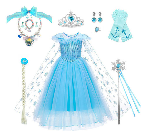 Vestido De Princesa Elsa De Frozen Niñas Set De Ocho Piezas