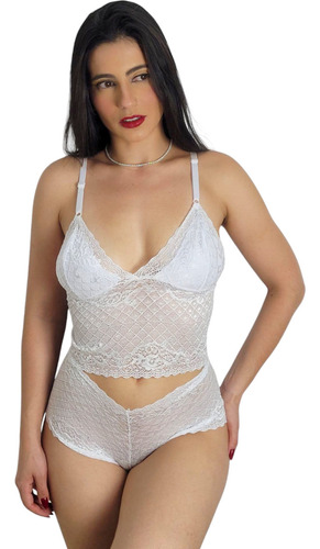 Lingerie Renda Espera Marido Conjunto Com Forro Caleçon Sexy Branco M