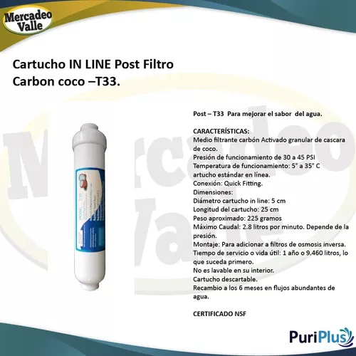 Membrana Ultrafiltración Uf10c + T33 Carbon Coco Filtro Agua