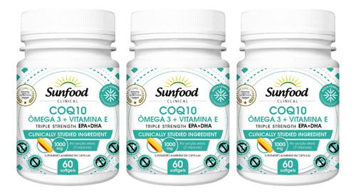 3 Coenzima Q10 + Omega 3 + Vit. E - 60 Caps 1000mg Sunfood