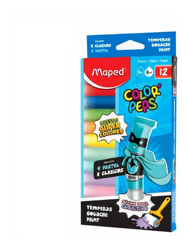 Tempera Maped Color Peps X 12 Pomos 8 Clasicos + 4 Pastel