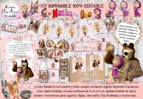 Kit Imprimible Candy Bar Masha Y El Oso Shabby Editable