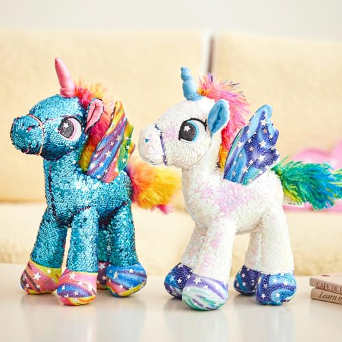 Peluche De Unicornio De 13 Pulgadas Con Lentejuelas Azules Y