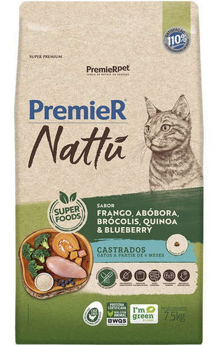 Ração Premier Nattu Gato Castrados Abóbora 7,5kg