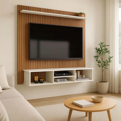 Painel Para Tv Até 50 Polegadas Estante Ripado 3d Everest Off White