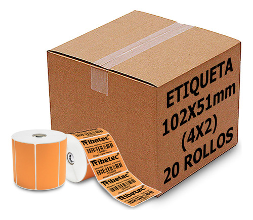 20 Rollos Etiqueta Térmica Naranja Claro 102x51 Mm 1500 Pz