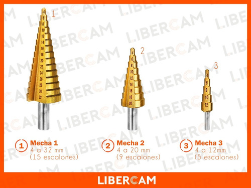 Imagen 7 de 10 de Set Kit Mecha Escalonada Conica Titanio Taladro Metal Madera