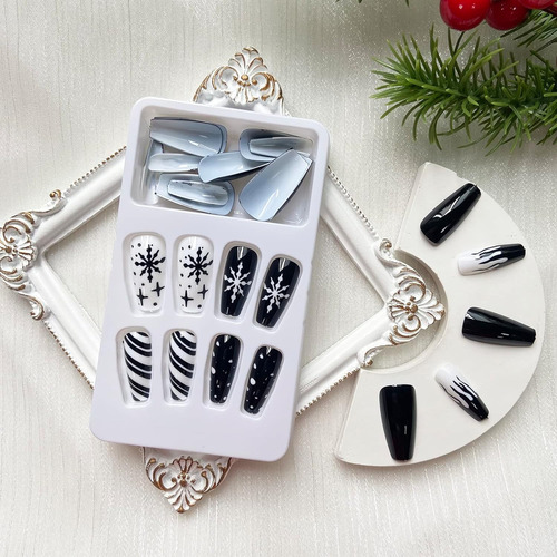 Coffin Press On Nails Long Christmas Uñas Uñas Negras Cubier