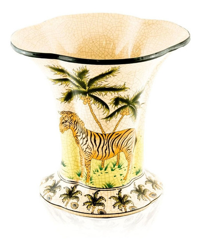 Vaso Em Cerâmica Craquelê, Com Pintura De Uma Zebra