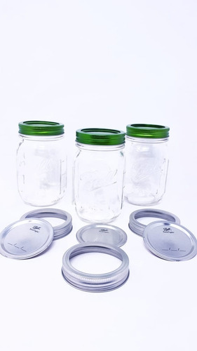 3 Frascos Ball Mason Jars 16oz Con 6 Tapas Y 6 Aros