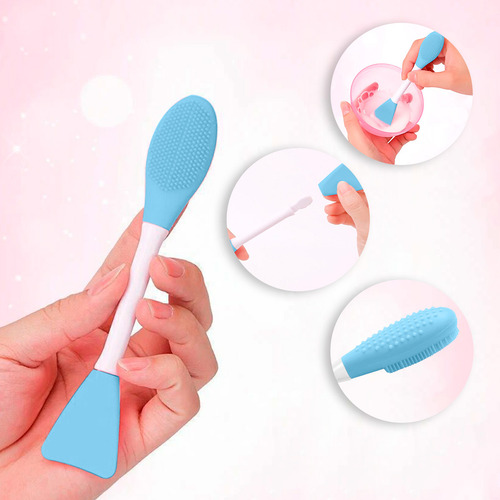 Cepillo Facial 2 En 1 Diler Cerdas De Silicón Para Limpieza Y Espátula Aplicadora De Mascarillas Cremas Sérums Skincare Diario Reutilizable Y Suave Con Todo Tipo De Piel Color Azul