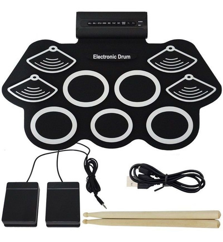 Bateria Elêtronica Musical Portátil Silicone 2 Pedais 9 Pads