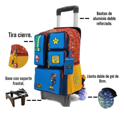 Kit Mochila Lonchera Lapicera Con Ruedas Mario Mb70508-9 Rojo Mochila Lonchera