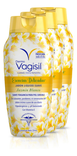 Kit 3 unidades Jabón Liquido Íntimo Vagisil fragancia Jazmín Blanco esencias delicadas pH Balanceado 354ml c/u
