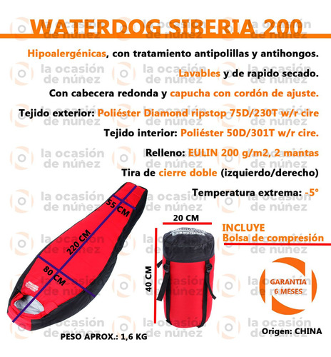 Imagen 2 de 7 de Bolsa De Dormir Waterdog Siberia 200 -5° Momia Capucha