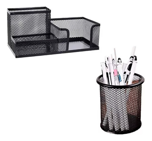 Kit Porta Caneta + Porta Treco Organizador Mesa Escritório Cor Preto