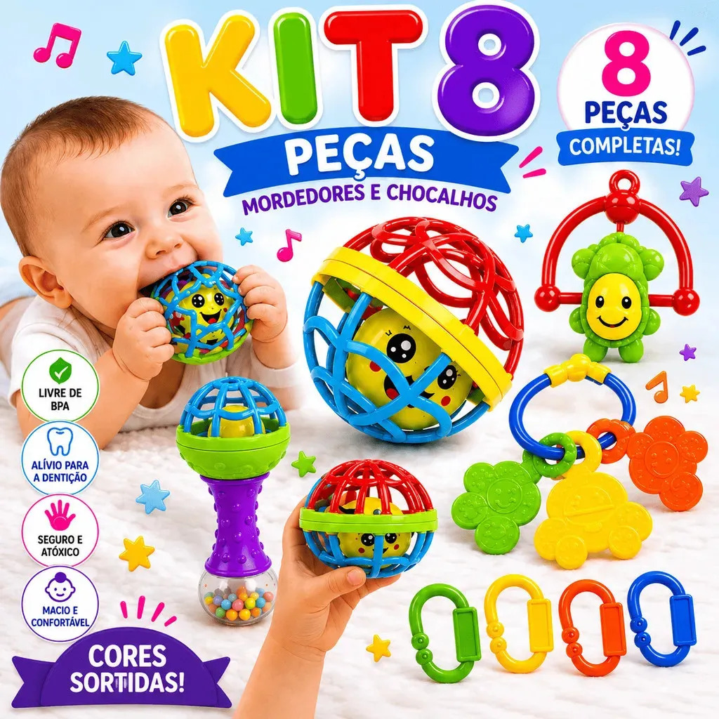 Kit Mordedor para Bebê brinquedo Sensorial Silicone com Chocalho 8 Peças Coloridas