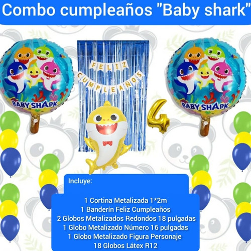 Combo Decoración Cumpleaños Globos Cortina Baby Shark
