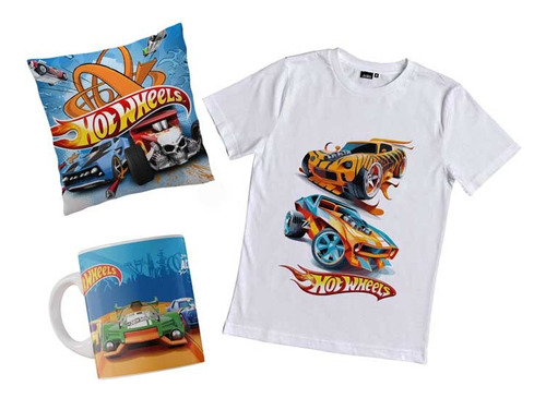 Remera Hot Wheels Autos Combo Con Taza Y Almohada