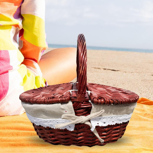 Cesta De Picnic De Mimbre, Cesta De 35x25x16cm Tela Marrón