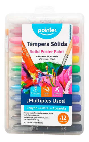 Témpera Sólida, Crayón Pointer Acuarelable X 12 Colores