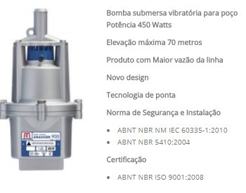 Bomba De Água Vibratoria P/ Poco Submersa Anauger 900 127v