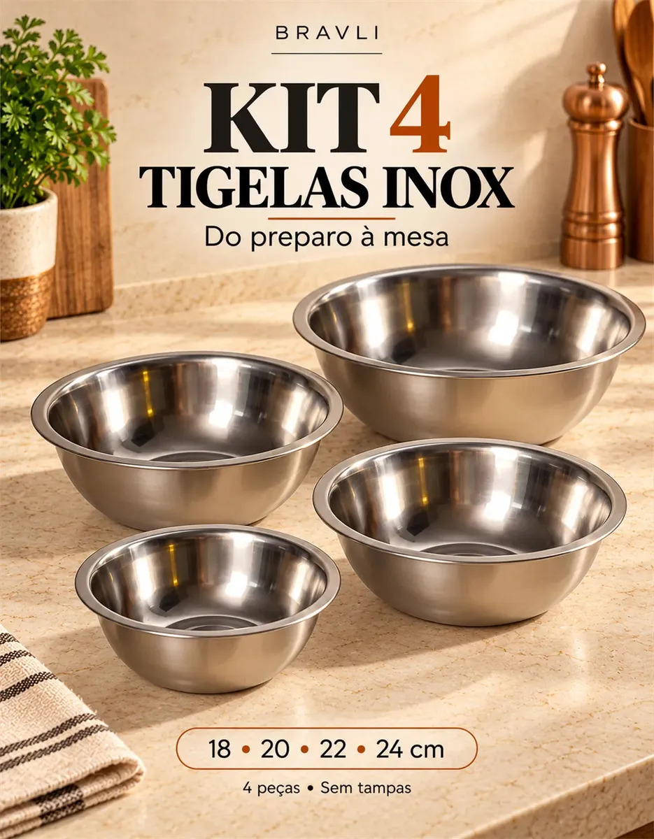 Kit 4 Tijelas Bowls Inox Bacia  Saladeira Multiuso Cozinha Conjunto Vasilha Premium 18 + 20 + 22 + 24cm Bravli