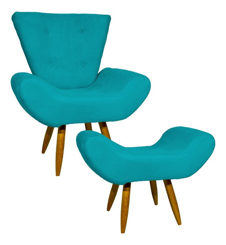 Kit Poltrona Decorativa Napoli + Puff Banqueta Suede Preto Cor Azul-turquesa Desenho Do Tecido Suede Liso