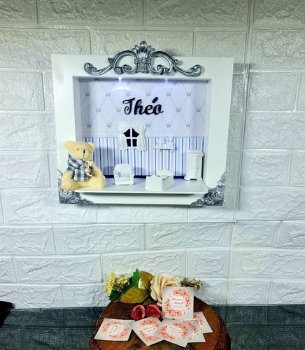 Decoração De Porta Maternidade Led + Nome - Menino / Menina Cor Branco Azul Marinho Com Prata
