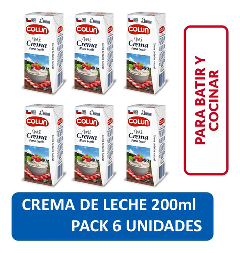 Crema De Leche Para Batir Colun Larga Vida 200ml Pack 6