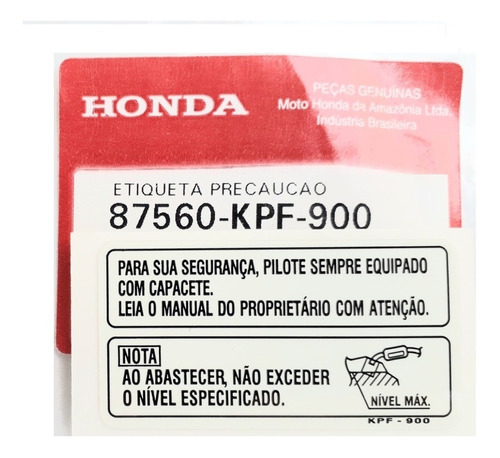 Adesivo Precaução Advertência Tanque Nível Combustível Honda