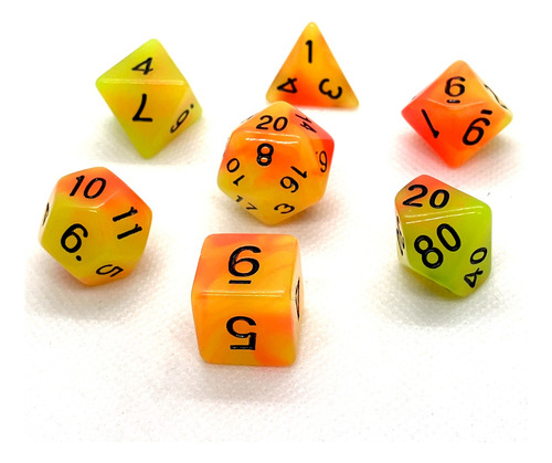 Set 7 Dados Rol - Metamango Naranja Y Amarillo Muy Lejano