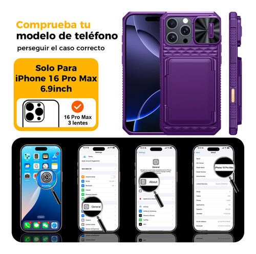 Funda Para iPhone 16 Pro Max Con Tarjetero (4-5 Tarjetas) Botón Control Cámara Tapa Deslizante Resistente A Los Golpes Tipo Billetera Púrpura + 2 Mic