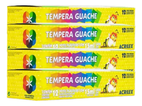 Kit 4 Cx Tinta Tempera Guache 12 Cores Cada Pinta E.v.a