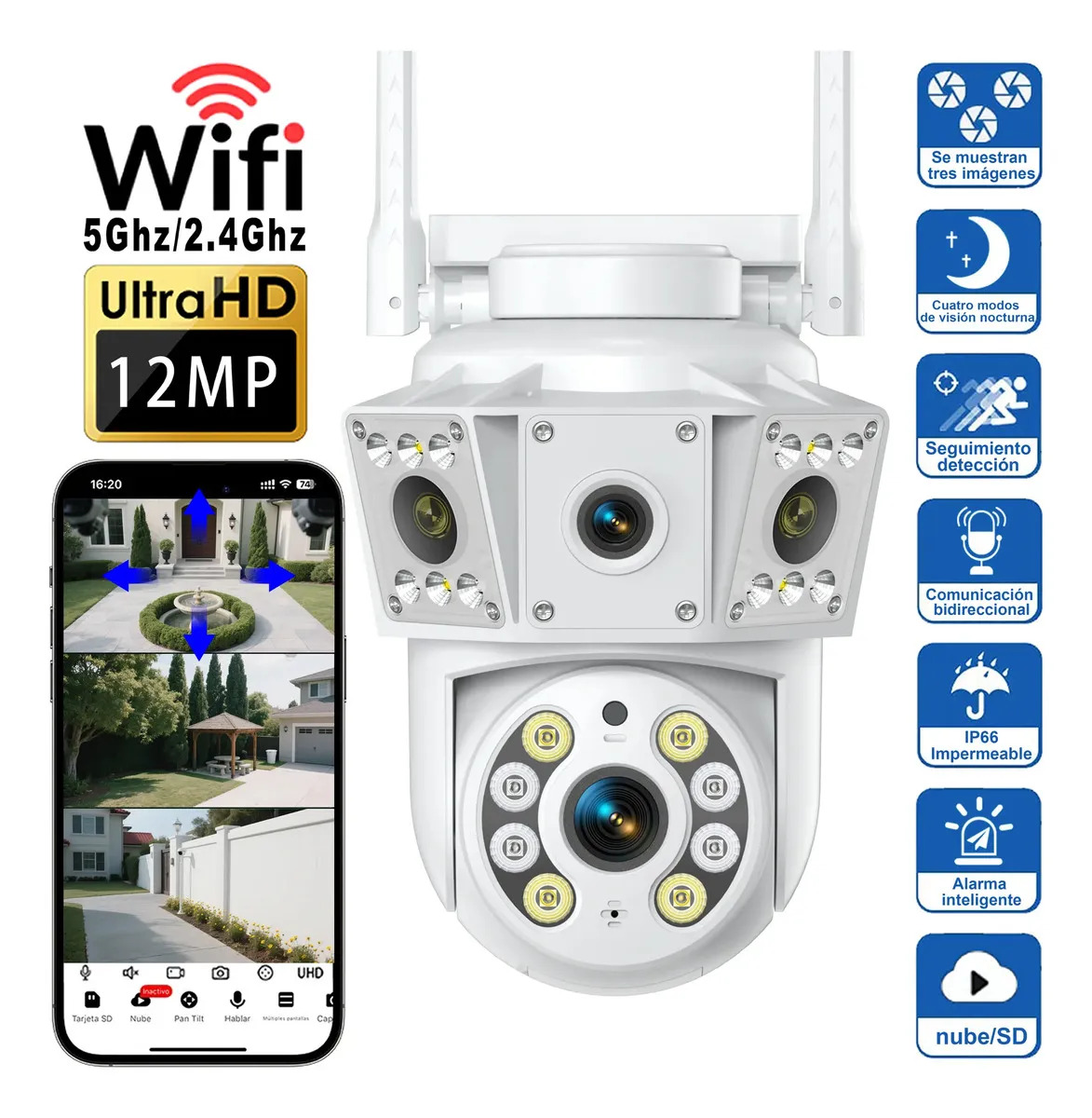 Cámara De Seguridad Exterior WiFi MVPSMART DQ8 Pro 12MP PTZ 360 Cámara De Vigilancia WiFi 5G Gran Angular 3 Vistas Full HD 10X Zoom Visión Nocturna Color IA Alarma Audio 2 Vías IP66 Nube Cámara IP DVR