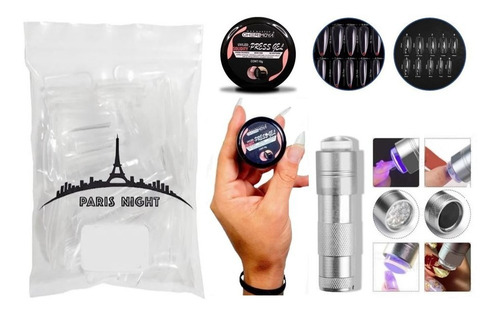 Kit Soft Gel 50 Tips Paris Night + Gel Solido + Linterna Uv.