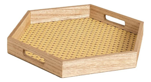 Bandeja Hexagonal Madera Y Rattan Deco