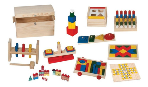 Baú Educativo Em Madeira Com 10 Brinquedos Educativos