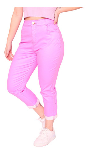 Calça Mom Jeans Sarja Neon Colorida Solta Lycra Bolso Smart 