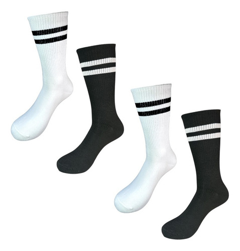 4 Pares De Calceta Deportiva Larga Con Rayas De Algodón