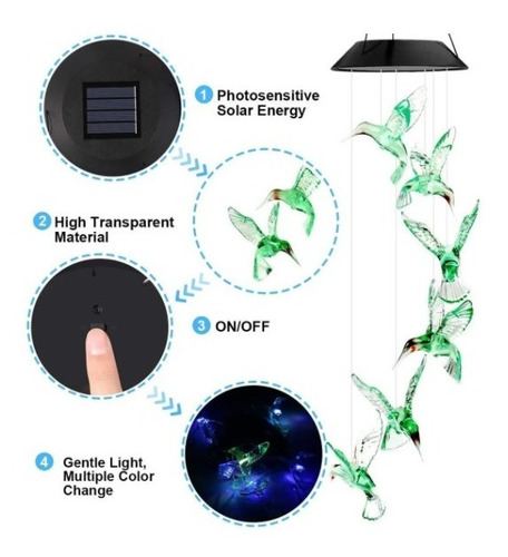 Imagen 7 de 10 de Lampara Colibri Colgante Led Solar Jardin Terraza