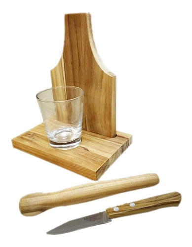 Kit Caipirinha Em Madeira + Tabua Com Garfo, Faca E Pegador