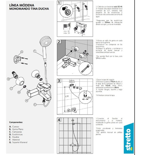 Monomando Llave Grifo Para Tina Ducha Modelo Modena Stretto