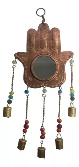 Colgante Espejo Mano Hamsa Campanitas Color Cobre Metal 50cm