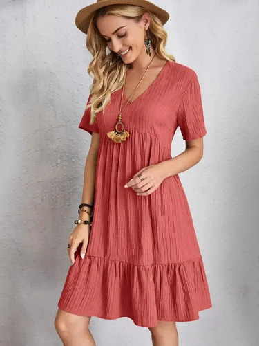 Vestido Midi De Manga Corta Con Cuello En V Para Mujer
